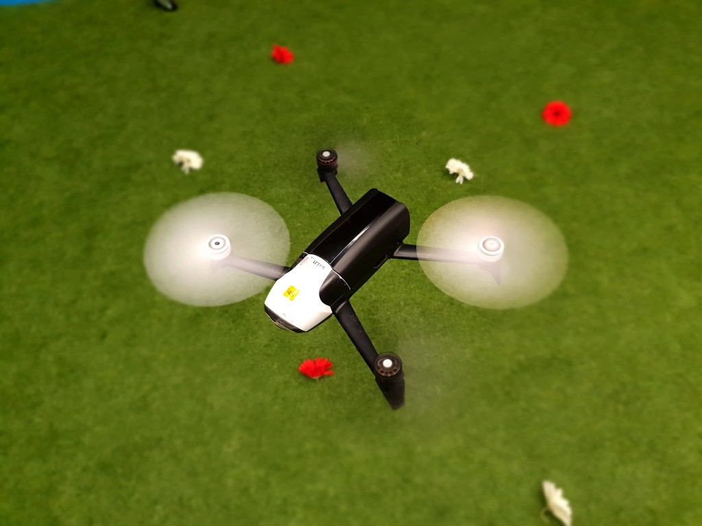 Drone landing with the help of optical flow. The drone evaluates the distance to the landing surface in order to set the right parameters for the optical flow control. 